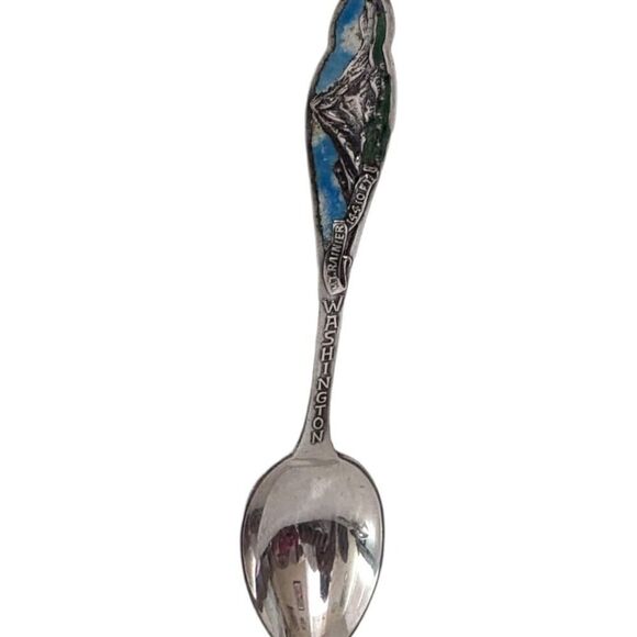 Washington Mt Rainier Enamel Sterling Souvenir Spoon FJT Mining Pick & Shovel - Picture 1 of 5
